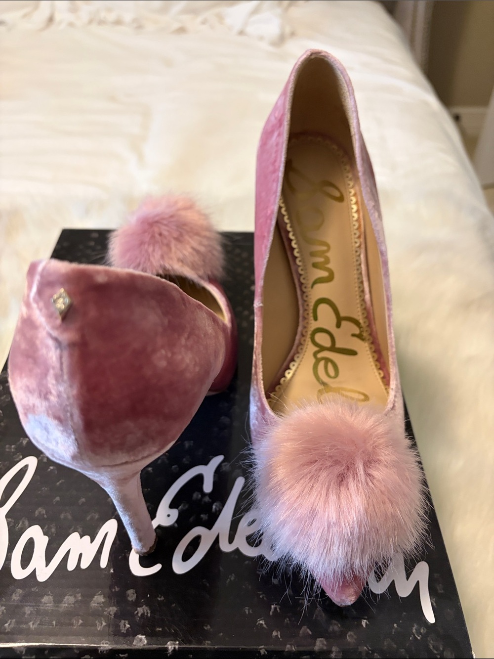 Sam Edelman Pink Velvet Pointed Toe Pumps with Pom-Pom - Picture 4 of 7